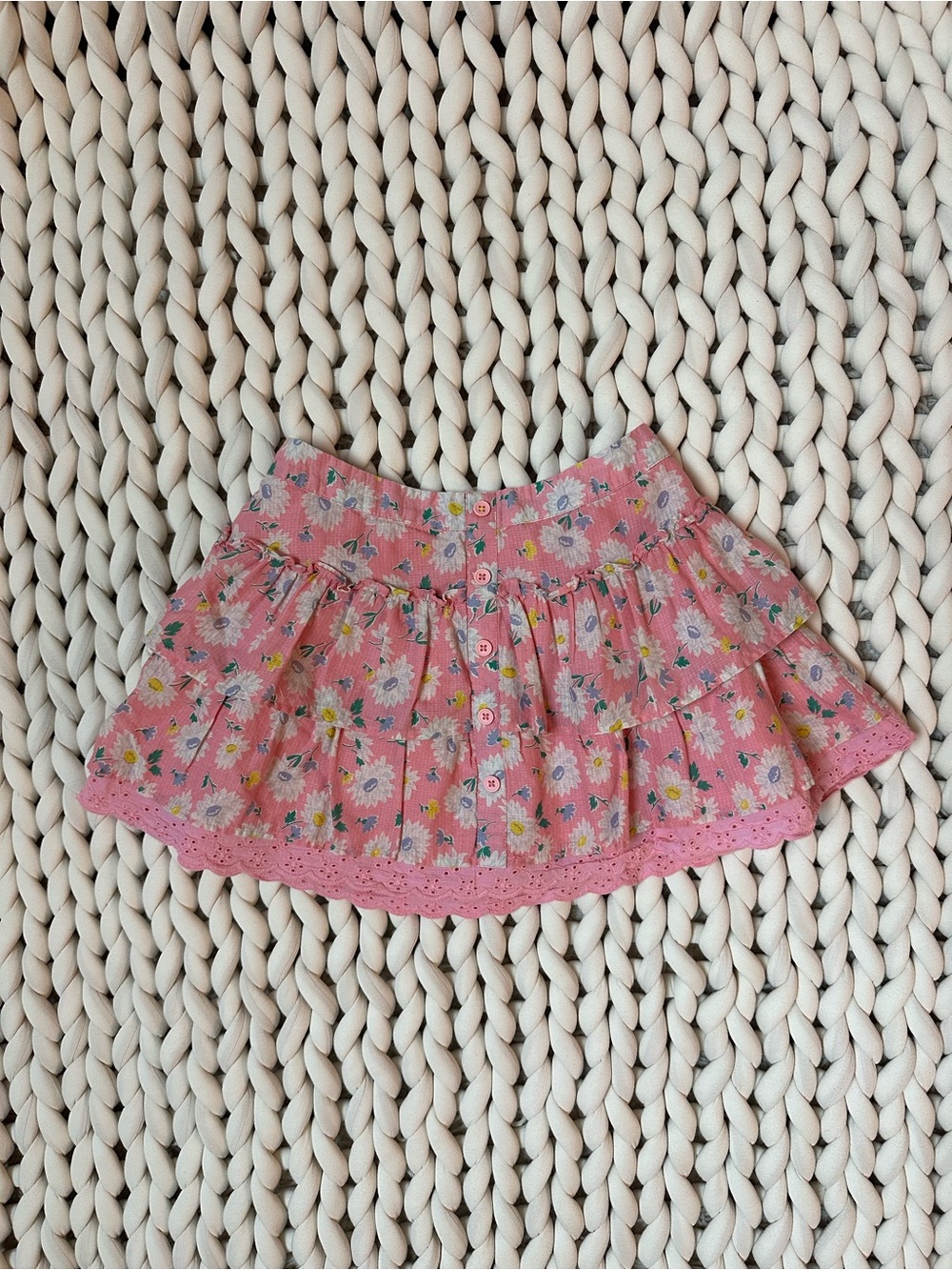Mini Boden Girls Pink Floral Tiered Button-Front Skirt with Eyelet Ruffle 🌸